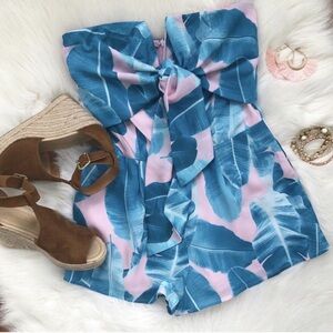 BuddyLove Strapless Tropical Leaf Romper Bow Front Pink Teal Resort Size Large